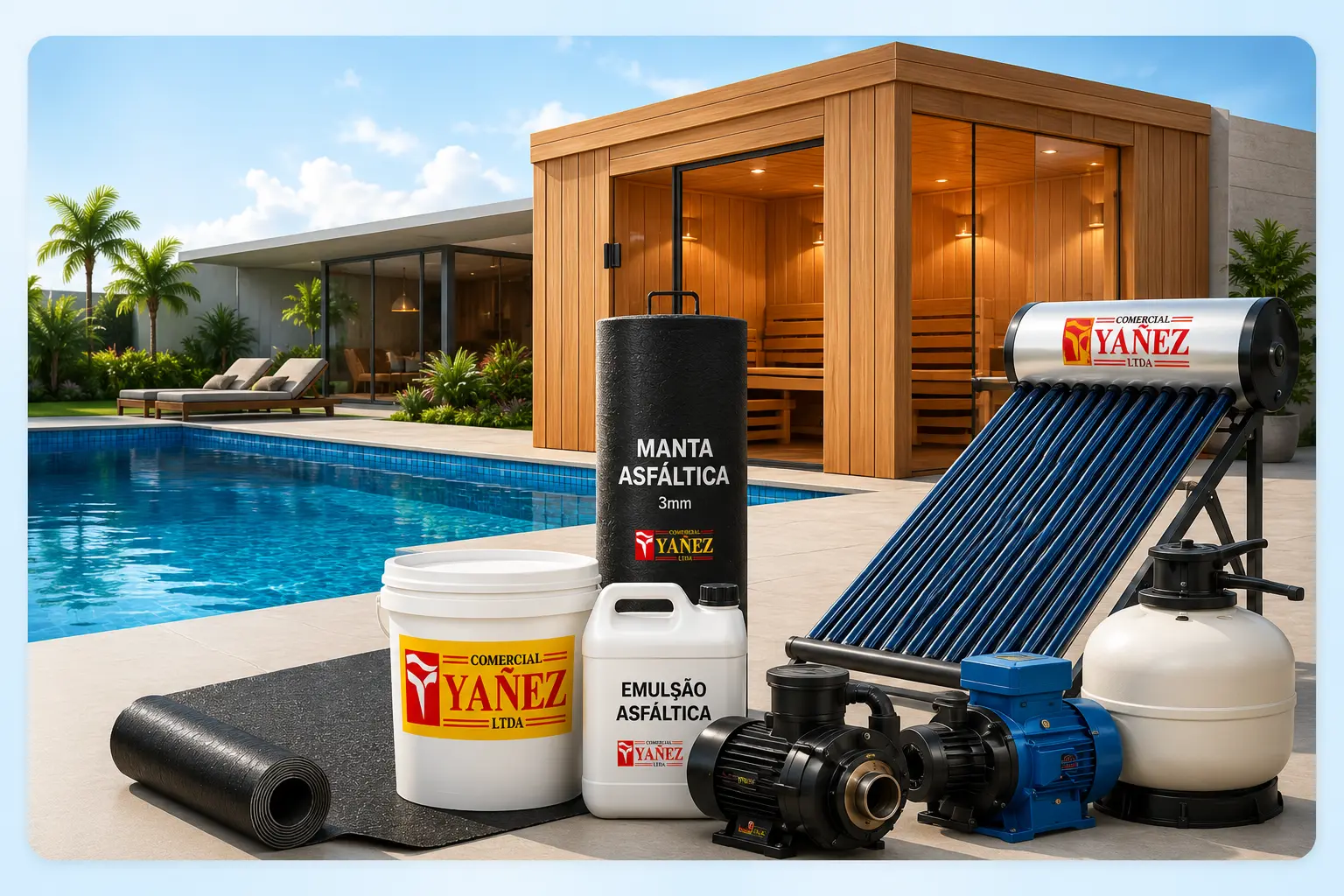 Piscinas, sauna, manta asfáltica, aquecedores e equipamentos